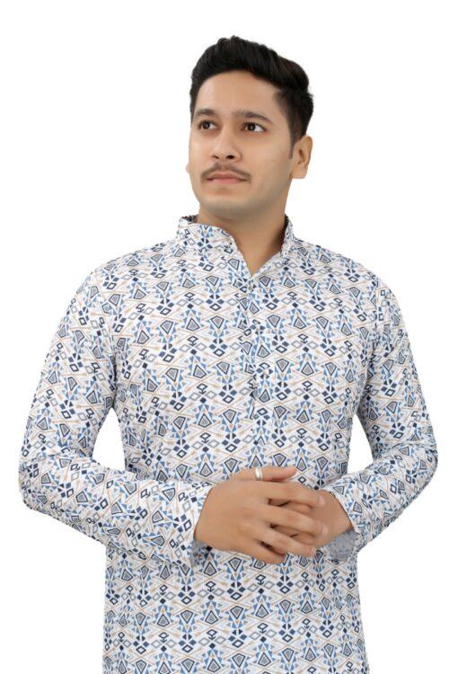 Generic Men’s Multi Color Full Sleeves Mandarin Collar Printed Ethnic Kurta Set