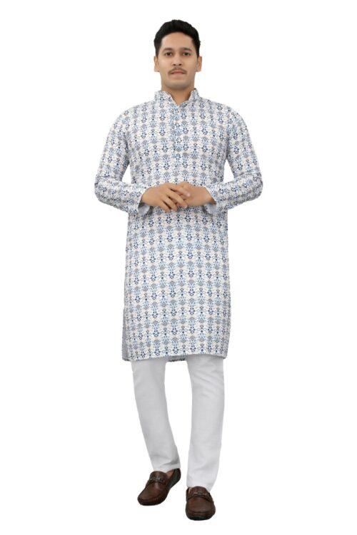 Generic Men’s Multi Color Full Sleeves Mandarin Collar Printed Ethnic Kurta Set