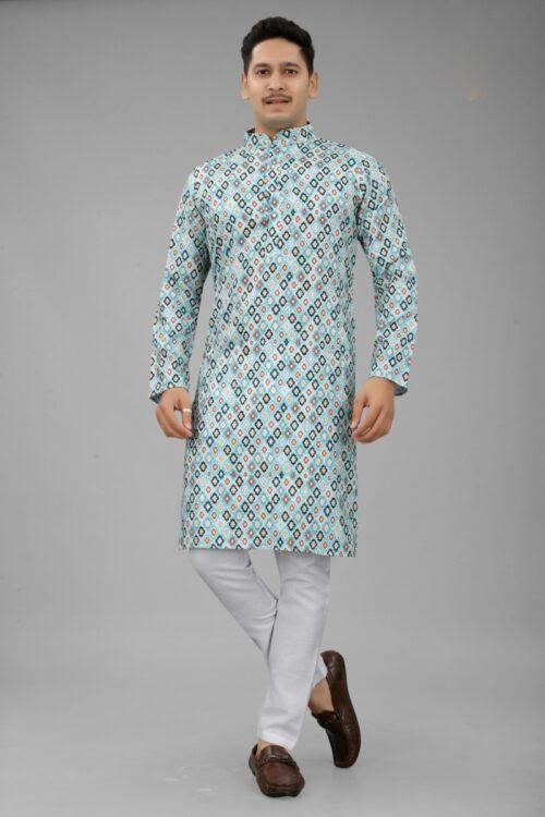 Generic Men’s Multi Color Full Sleeves Mandarin Collar Printed Ethnic Kurta Set