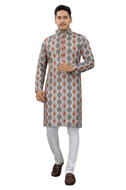 Generic Men’s Multi Color Full Sleeves Mandarin Collar Printed Ethnic Kurta Set