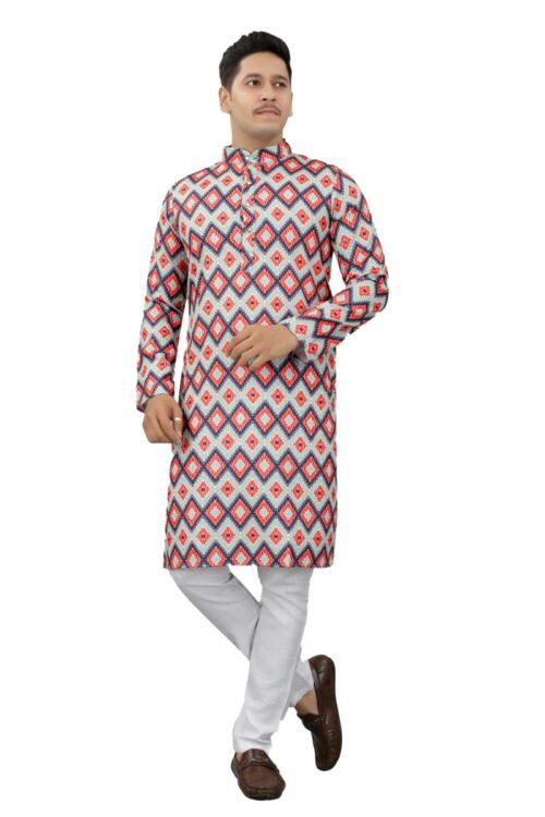 Generic Men’s Multi Color Full Sleeves Mandarin Collar Printed Ethnic Kurta Set