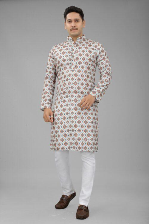 Generic Men’s Multi Color Full Sleeves Mandarin Collar Printed Ethnic Kurta Set