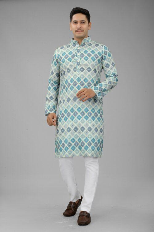 Generic Men’s Multi Color Full Sleeves Mandarin Collar Printed Ethnic Kurta Set