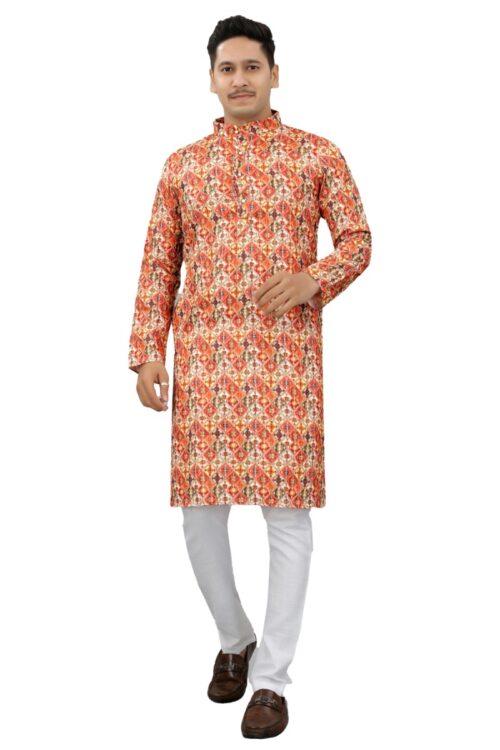 Generic Men’s Multi Color Full Sleeves Mandarin Collar Printed Ethnic Kurta Set