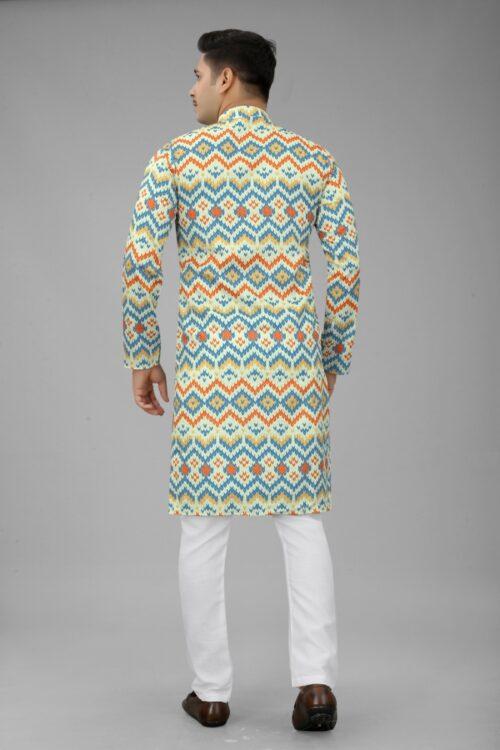 Generic Men’s Multi Color Full Sleeves Mandarin Collar Printed Ethnic Kurta Set