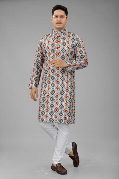 Generic Men’s Multi Color Full Sleeves Mandarin Collar Printed Ethnic Kurta Set