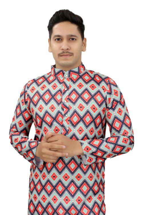 Generic Men’s Multi Color Full Sleeves Mandarin Collar Printed Ethnic Kurta Set