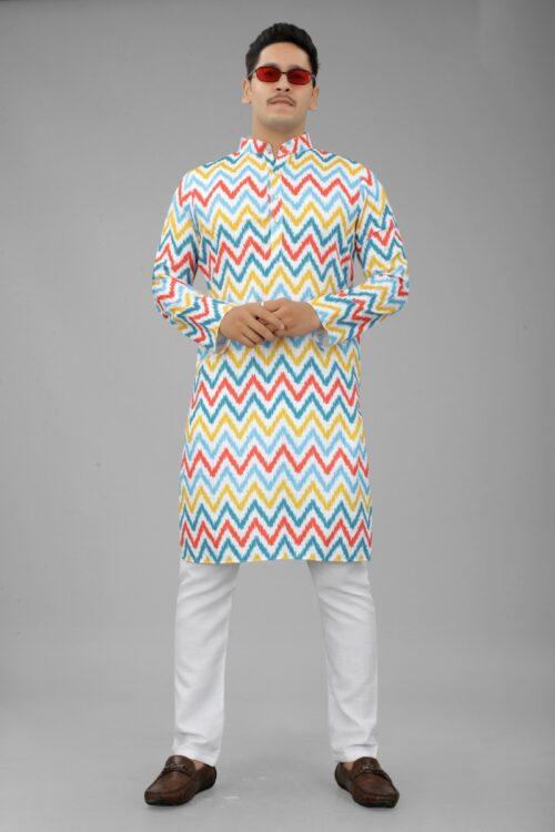 Generic Men’s Multi Color Full Sleeves Mandarin Collar Printed Ethnic Kurta Set