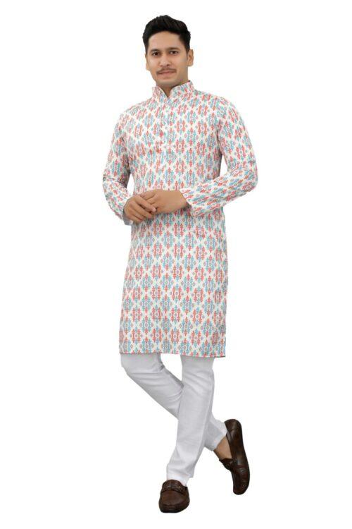 Generic Men’s Multi Color Full Sleeves Mandarin Collar Printed Ethnic Kurta Set