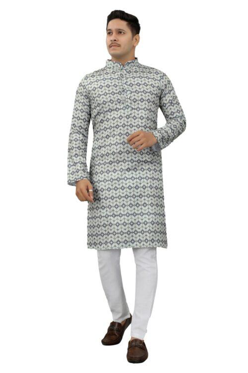 Generic Men’s Multi Color Full Sleeves Mandarin Collar Printed Ethnic Kurta Set