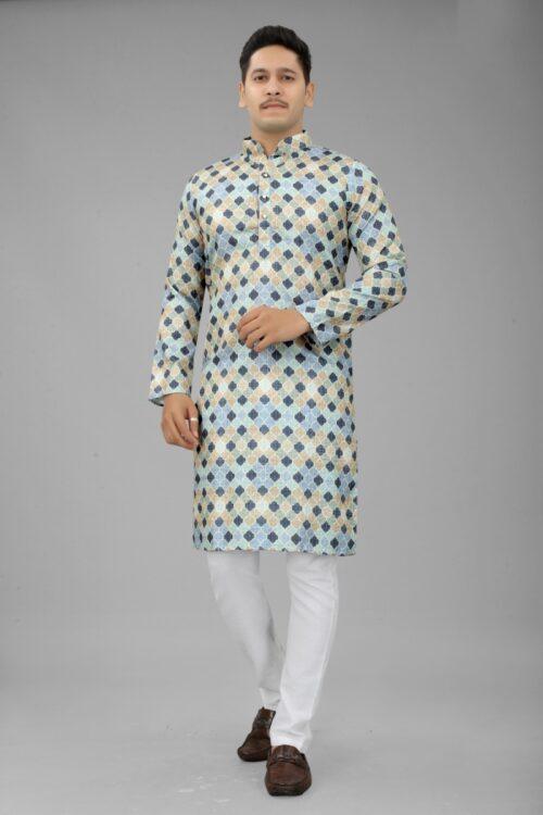 Generic Men’s Multi Color Full Sleeves Mandarin Collar Printed Ethnic Kurta Set