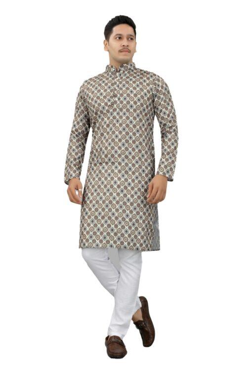 Generic Men’s Multi Color Full Sleeves Mandarin Collar Printed Ethnic Kurta Set