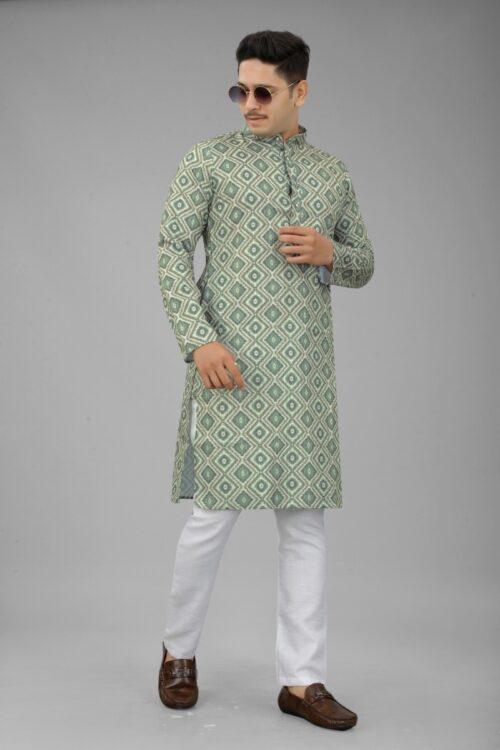 Generic Men’s Multi Color Full Sleeves Mandarin Collar Printed Ethnic Kurta Set