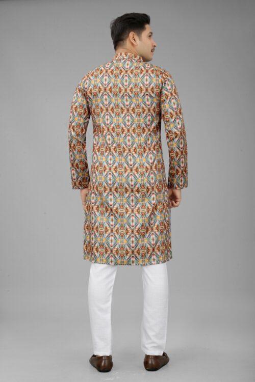 Generic Men’s Multi Color Full Sleeves Mandarin Collar Printed Ethnic Kurta Set