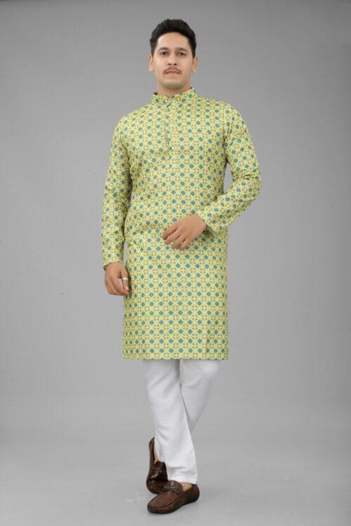 Generic Men’s Multi Color Full Sleeves Mandarin Collar Printed Ethnic Kurta Set