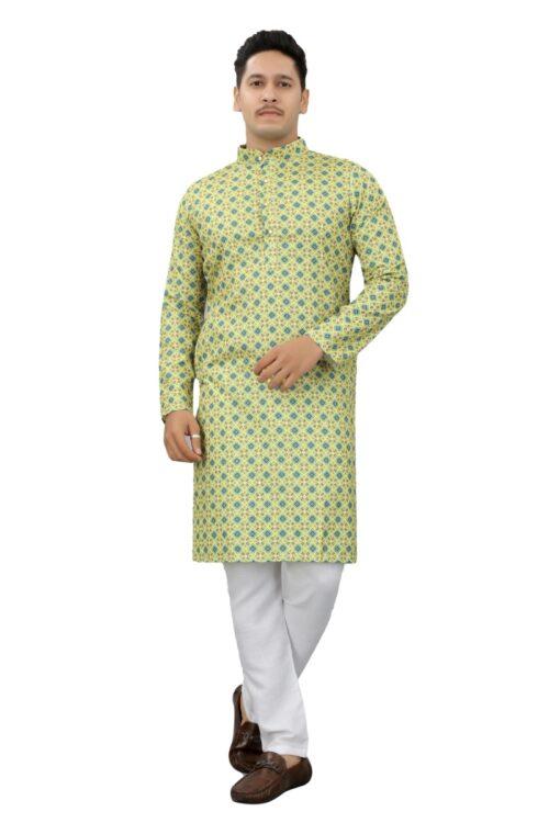 Generic Men’s Multi Color Full Sleeves Mandarin Collar Printed Ethnic Kurta Set