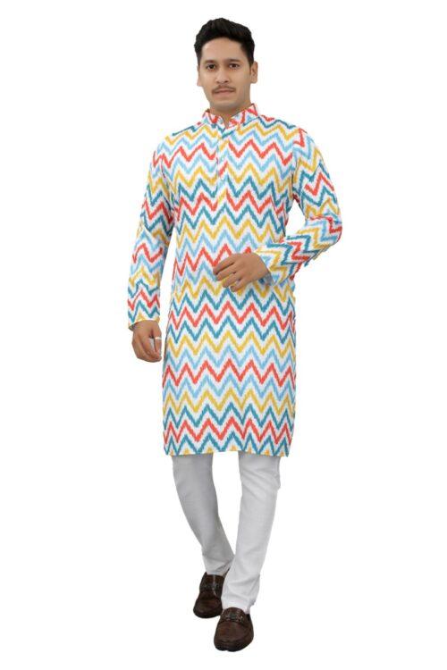 Generic Men’s Multi Color Full Sleeves Mandarin Collar Printed Ethnic Kurta Set