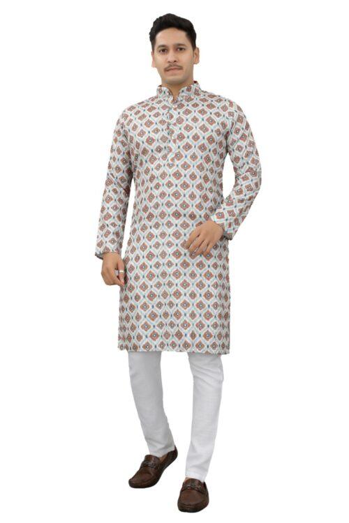 Generic Men’s Multi Color Full Sleeves Mandarin Collar Printed Ethnic Kurta Set