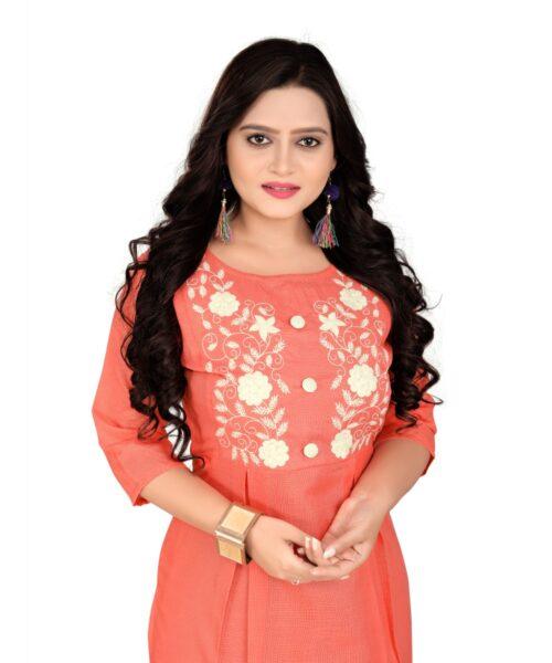 Generic Women's Cotton Embroidery Straight Kurti (Peach) - Image 3