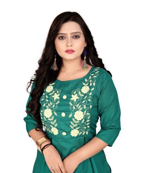 Generic Women's Cotton Embroidery Straight Kurti (Turquoise Green) - Image 5