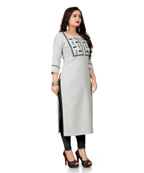 Generic Women's Cotton Embroidery Straight Kurti (Cream) - Image 5