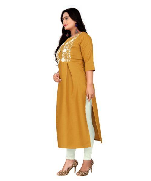 Generic Women's Cotton Embroidery Straight Kurti (Mustard Yellow) - Image 4