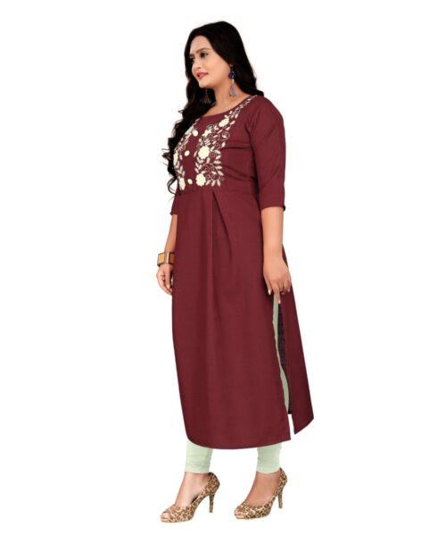 Generic Women's Cotton Embroidery Straight Kurti (Maroon) - Image 4