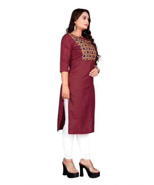 Generic Women's Cotton Printed Straight Kurti (Maroon) - Image 3