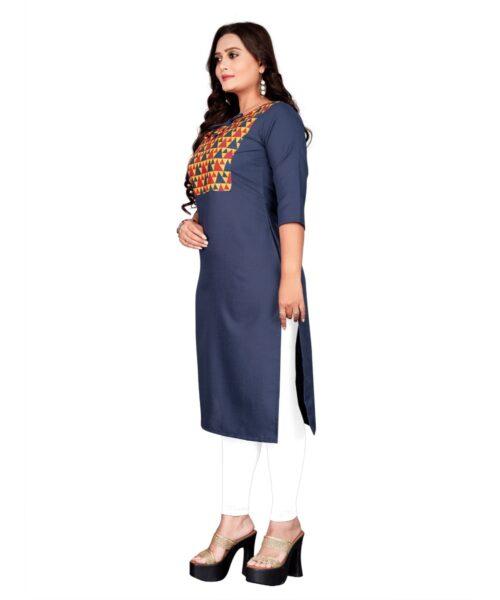 Generic Women's Cotton Printed Straight Kurti (Navy Blue) - Image 3