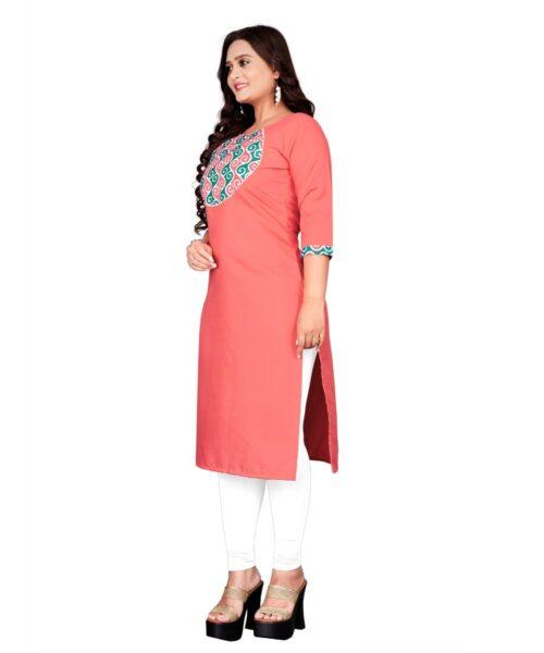 Generic Women's Cotton Printed Straight Kurti (Peach) - Image 4