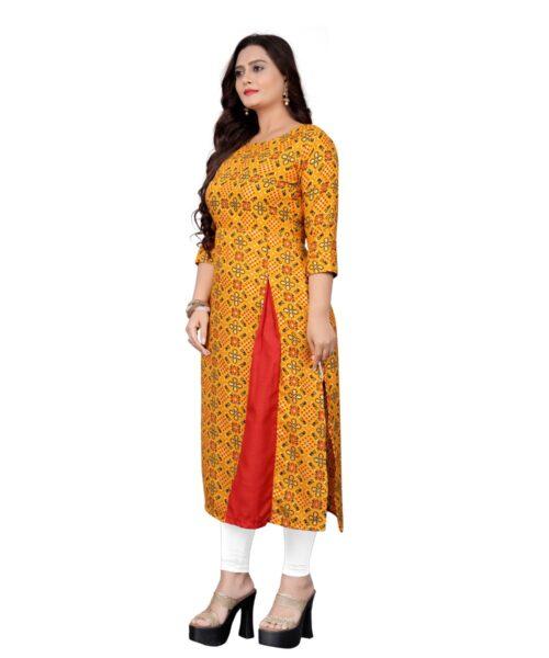 Generic Women's Cotton Print with Foil Frontslit Kurti (Mustard Yellow) - Image 5