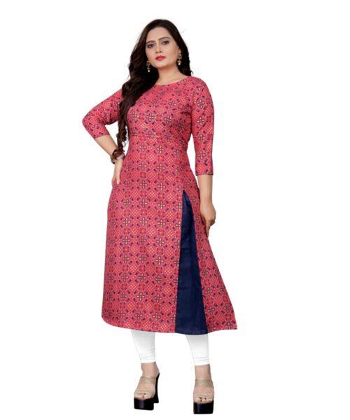 Generic Women's Cotton Print with Foil Frontslit Kurti (Pink) - Image 3