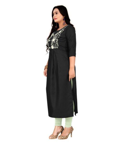 Generic Women's Cotton Embroidery Straight Kurti (Black) - Image 4