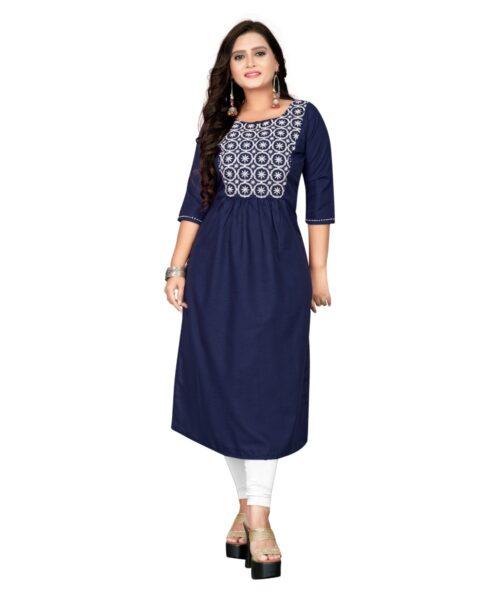 Generic Women’s Cotton Embroidery Straight Kurti (Navy Blue)