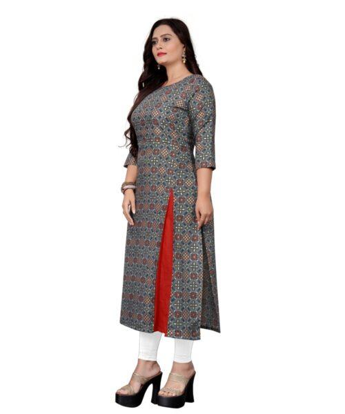 Generic Women's Cotton Print with Foil Frontslit Kurti (Grey) - Image 4