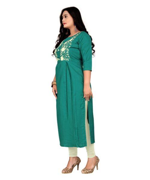 Generic Women's Cotton Embroidery Straight Kurti (Turquoise Green) - Image 3