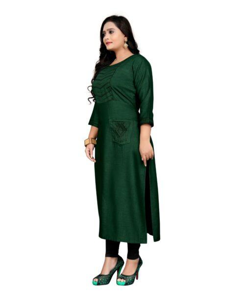 Generic Women's Cotton Embroidery Straight Kurti (Dark Green) - Image 4