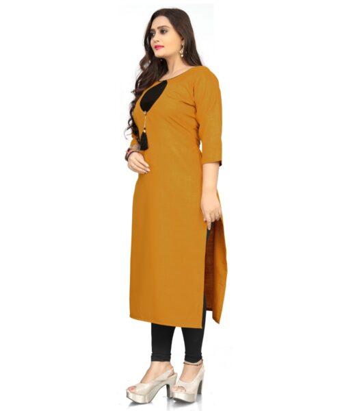 Generic Women's Cotton Soild A-Line Kurti (Mustard Yellow) - Image 4