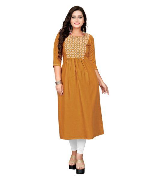 Generic Women’s Cotton Embroidery Straight Kurti (Mustard Yellow)