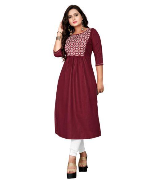 Generic Women’s Cotton Embroidery Straight Kurti (Maroon)