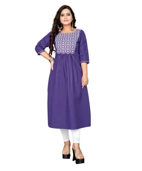 Generic Women’s Cotton Embroidery Straight Kurti (Purple)