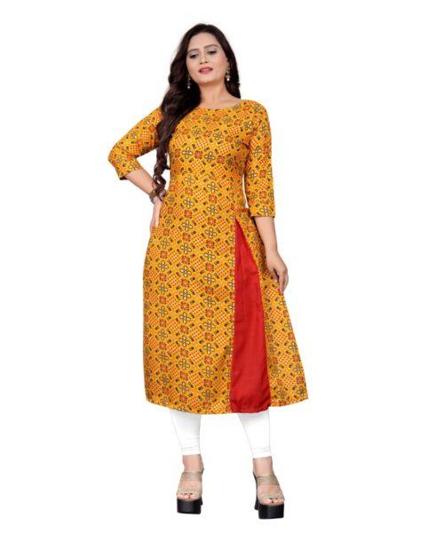 Generic Women's Cotton Print with Foil Frontslit Kurti (Mustard Yellow) - Image 3