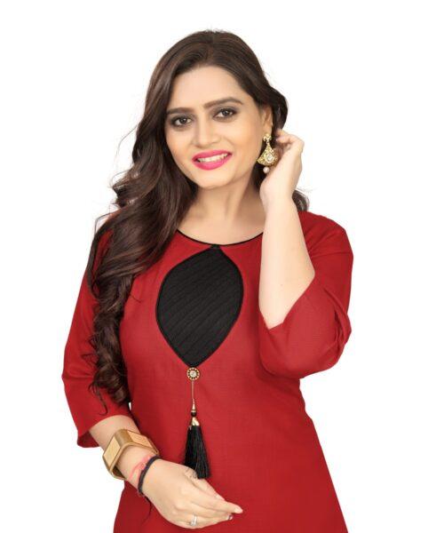 Generic Women's Cotton Soild A-Line Kurti (Red) - Image 3