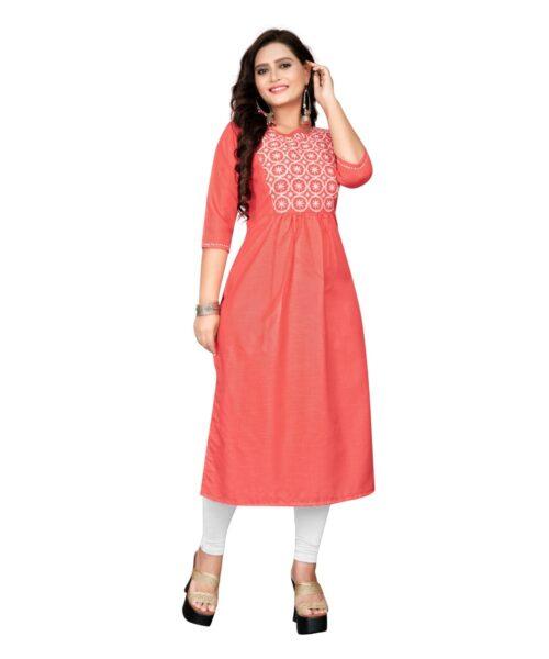 Generic Women’s Cotton Embroidery Straight Kurti (Peach)