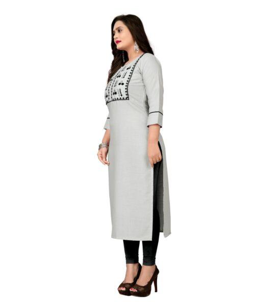 Generic Women's Cotton Embroidery Straight Kurti (Cream) - Image 3