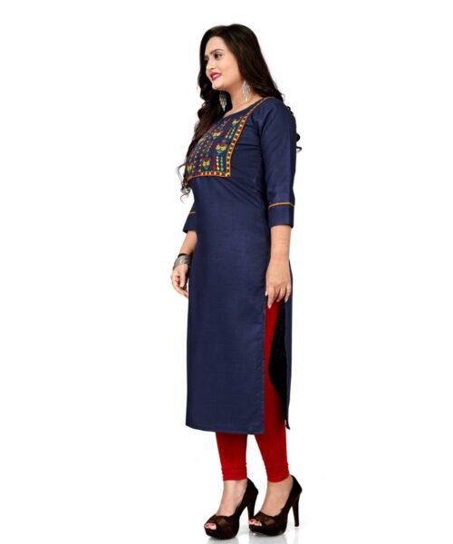 Generic Women's Cotton Embroidery Straight Kurti (Navy Blue) - Image 3