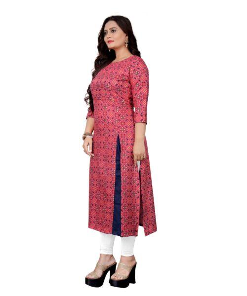 Generic Women's Cotton Print with Foil Frontslit Kurti (Pink) - Image 5