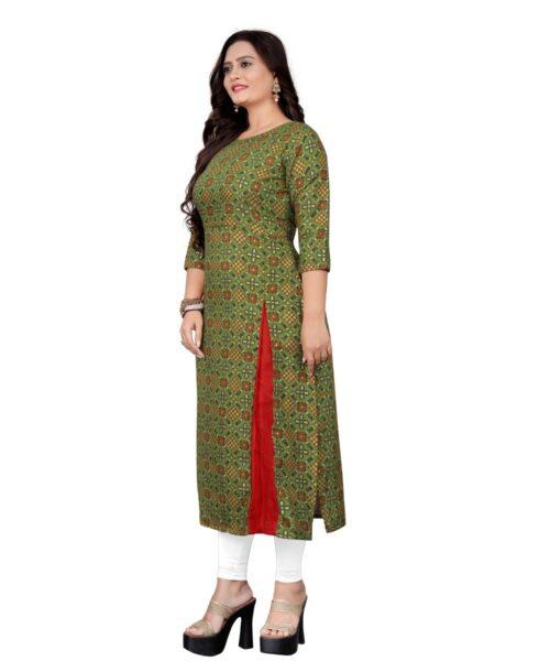 Generic Women's Cotton Print with Foil Frontslit Kurti (Light Green) - Image 3