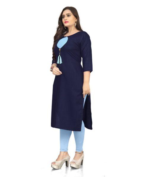 Generic Women's Cotton Soild A-Line Kurti (Navy Blue) - Image 3