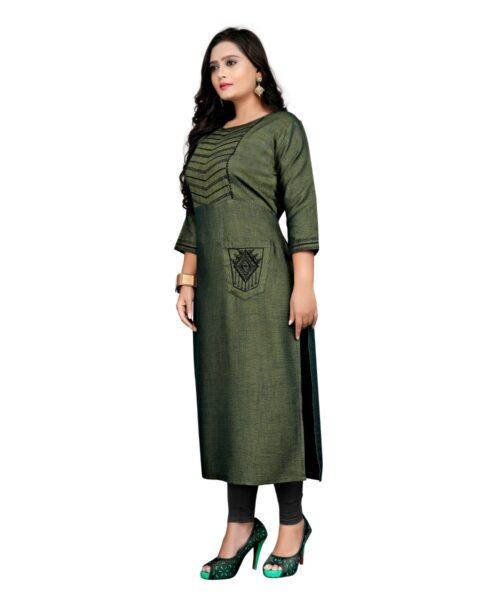 Generic Women's Cotton Embroidery Straight Kurti (Green) - Image 4